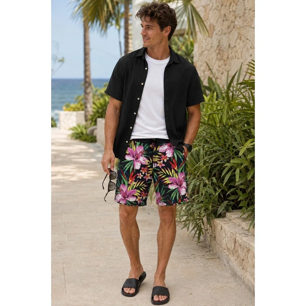 Hurley Phantom Mens 32 Board Shorts Tropical Floral Hibiscus Black Surf Trunks